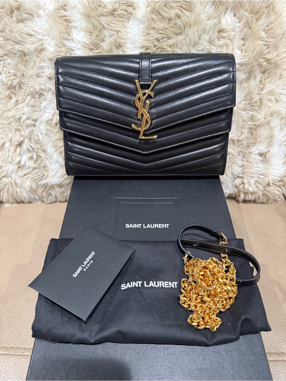 Saint Laurent Black Chevron Quilted Leather Shoulder Bag with Gold YSL Hardware